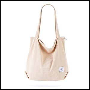 Corduroy Tote Bag Zipper Casual Hobo Shoulder Bag Large Capacity Pockets